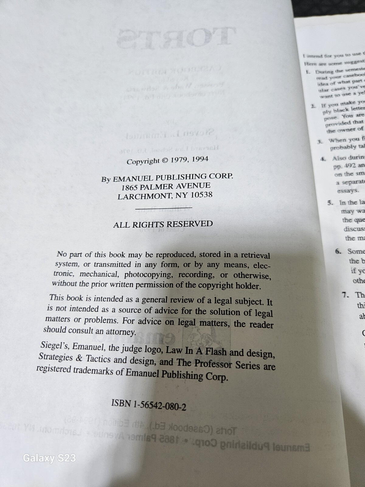 Emanuel Law Outlines for Torts by Steven L. Emanuel 1994 Softcover