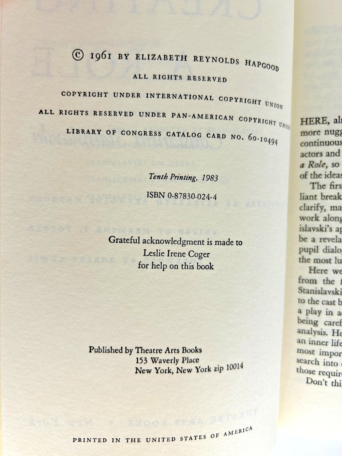 Creating a Role Stanislavski Hardcover 1983 Theatre Arts Books Dust Jacket VG