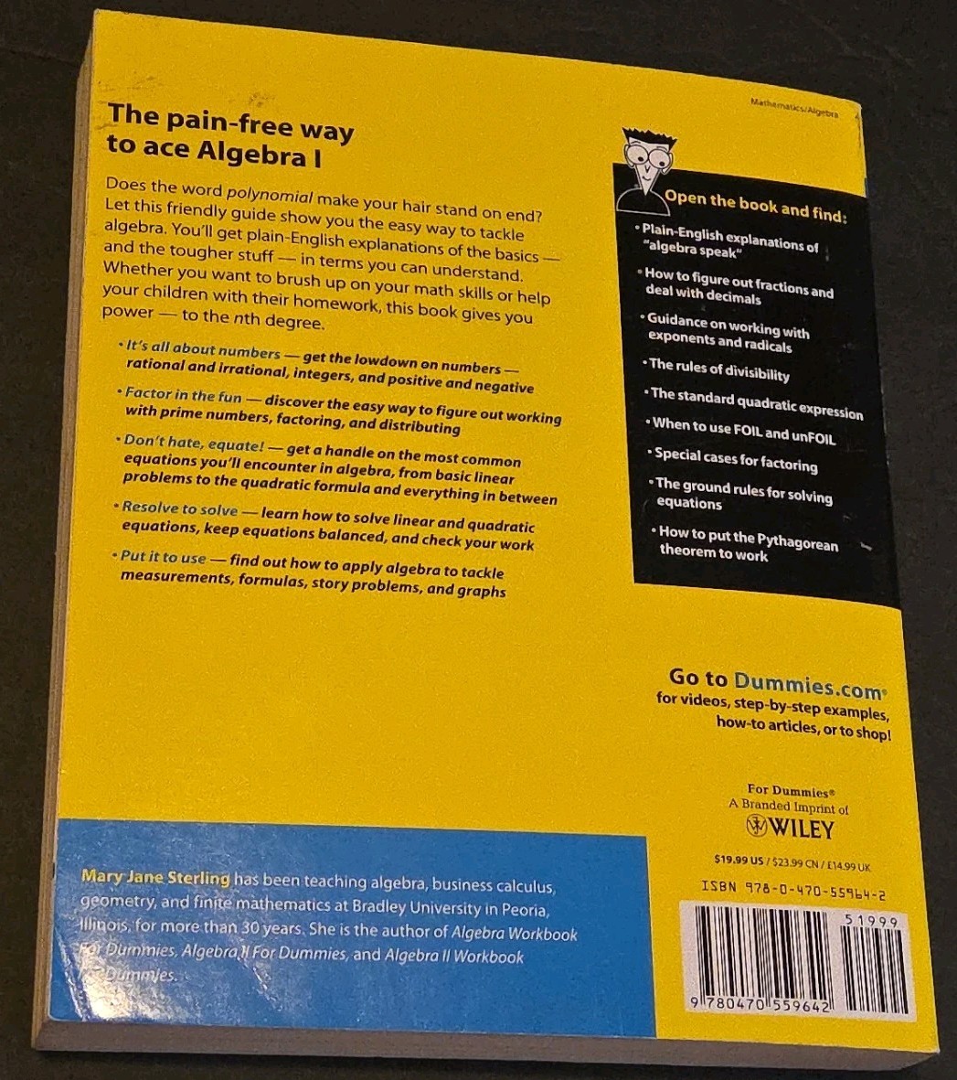 Algebra I for Dummies + Workbook by Sterling & Cliffs Quick Reference Book Lot