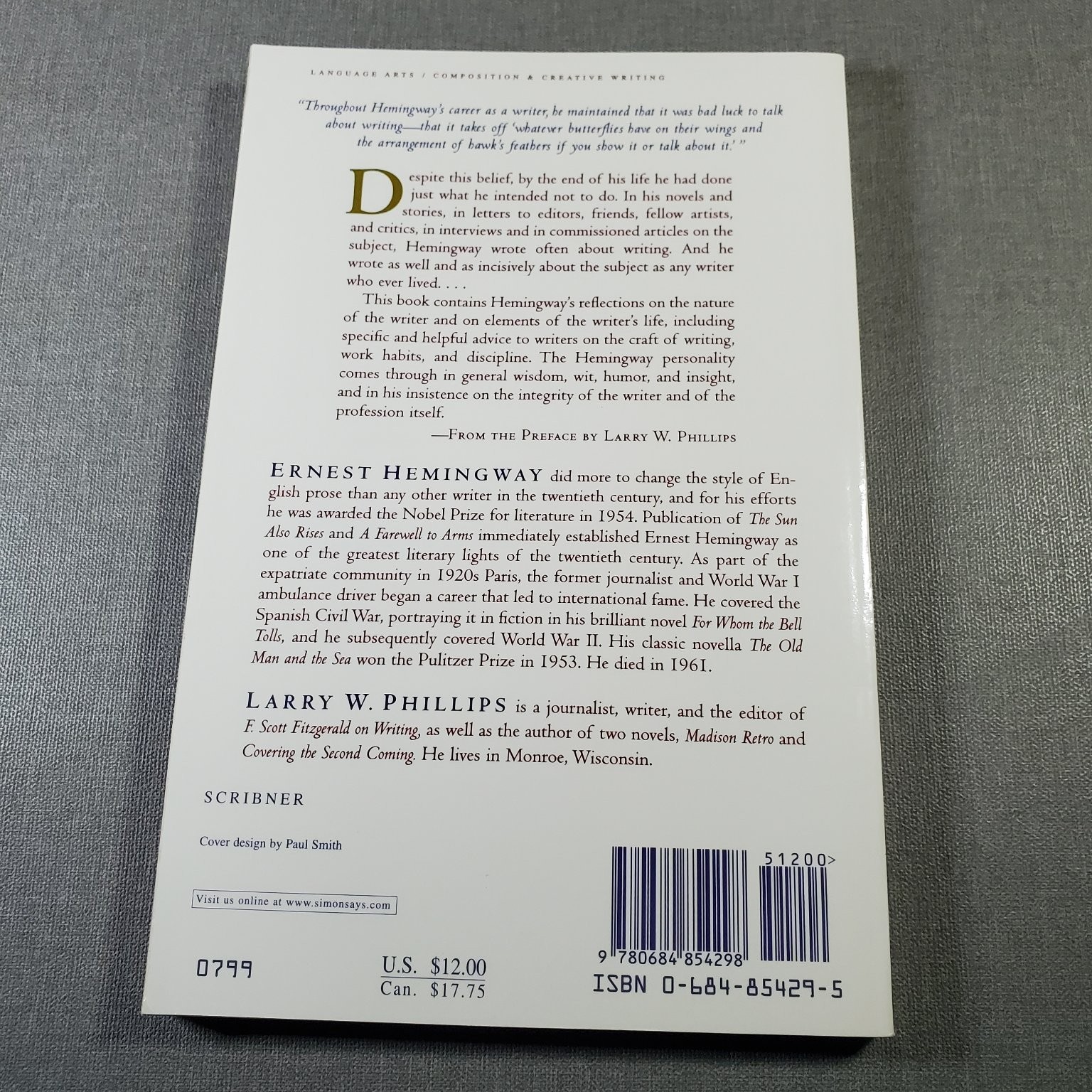 Ernest Hemingway on Writing Larry W. Phillips 2004 Paperback Scribner Creative