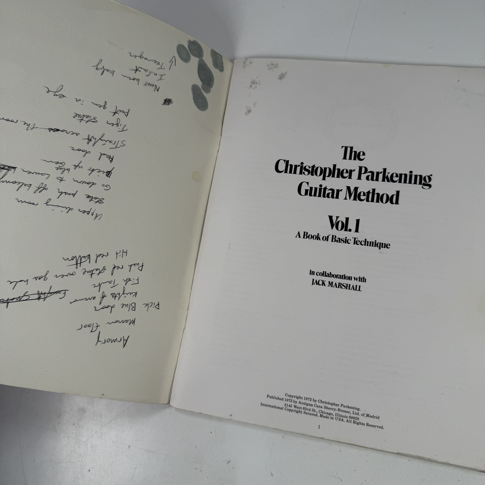 The Christopher Parkening Guitar Method Vol 1 Basic Technique Jack Marshall 1972