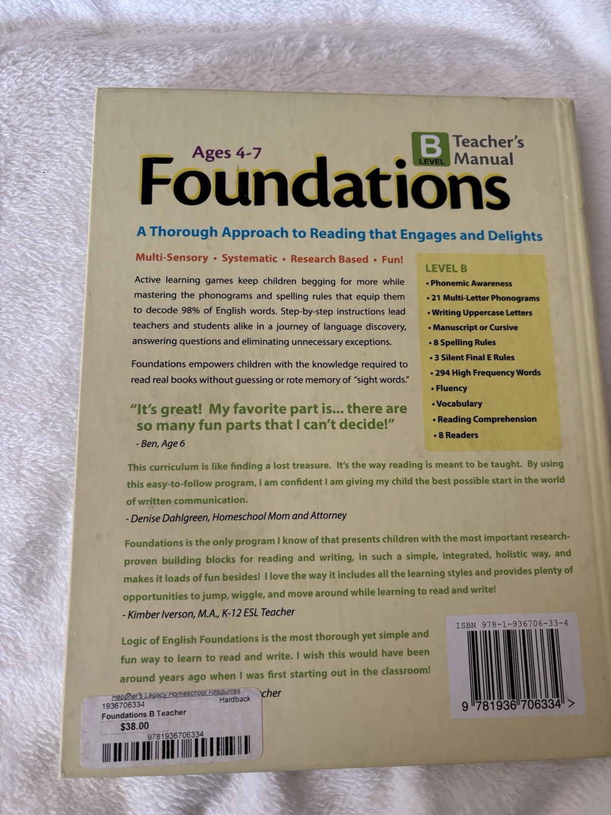 Foundations Logic of English Level B Teachers Manual Hardcover By Denise Eide