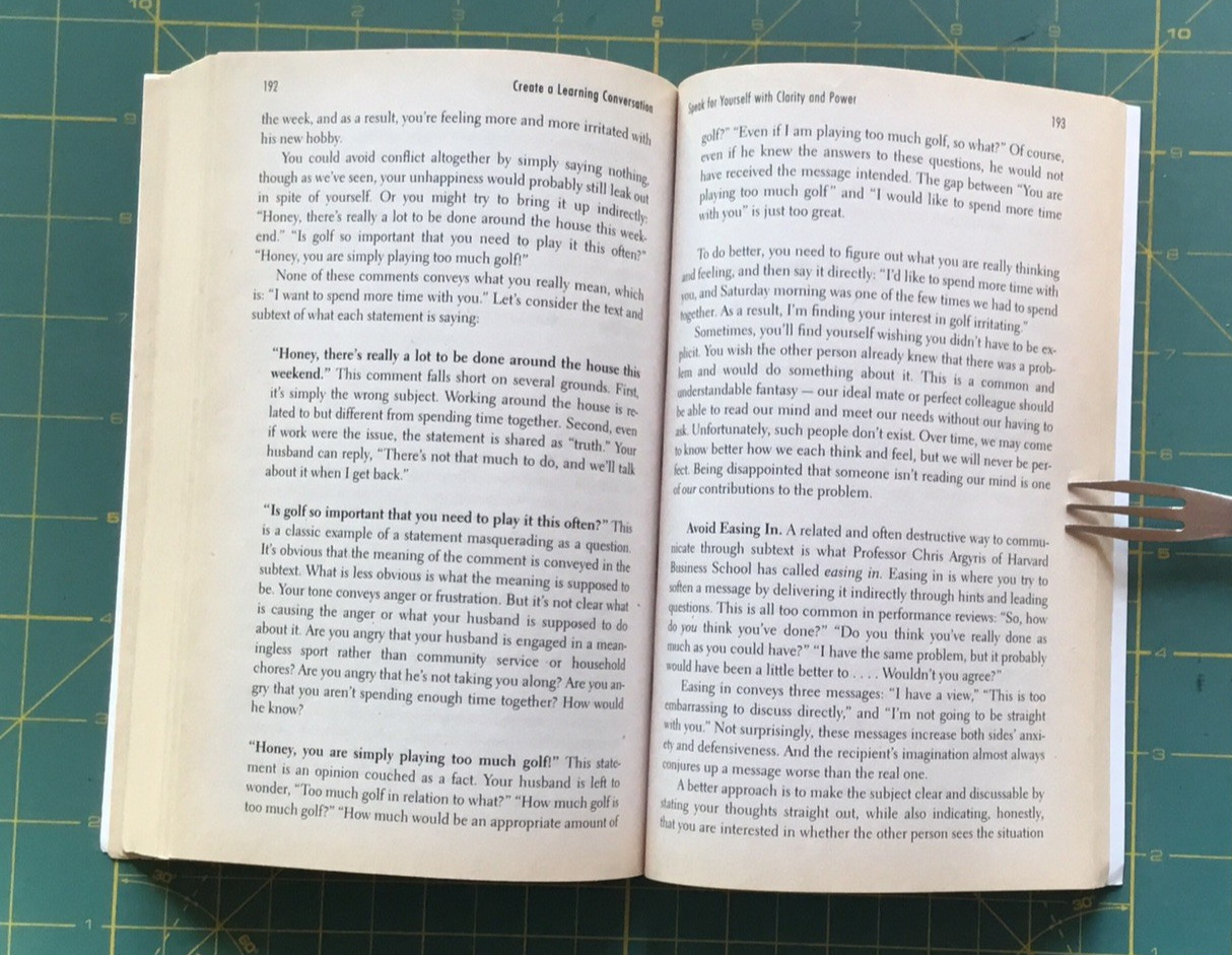 Difficult Conversatioins by Harvard Negotiation Project book, 1999, 250 pages