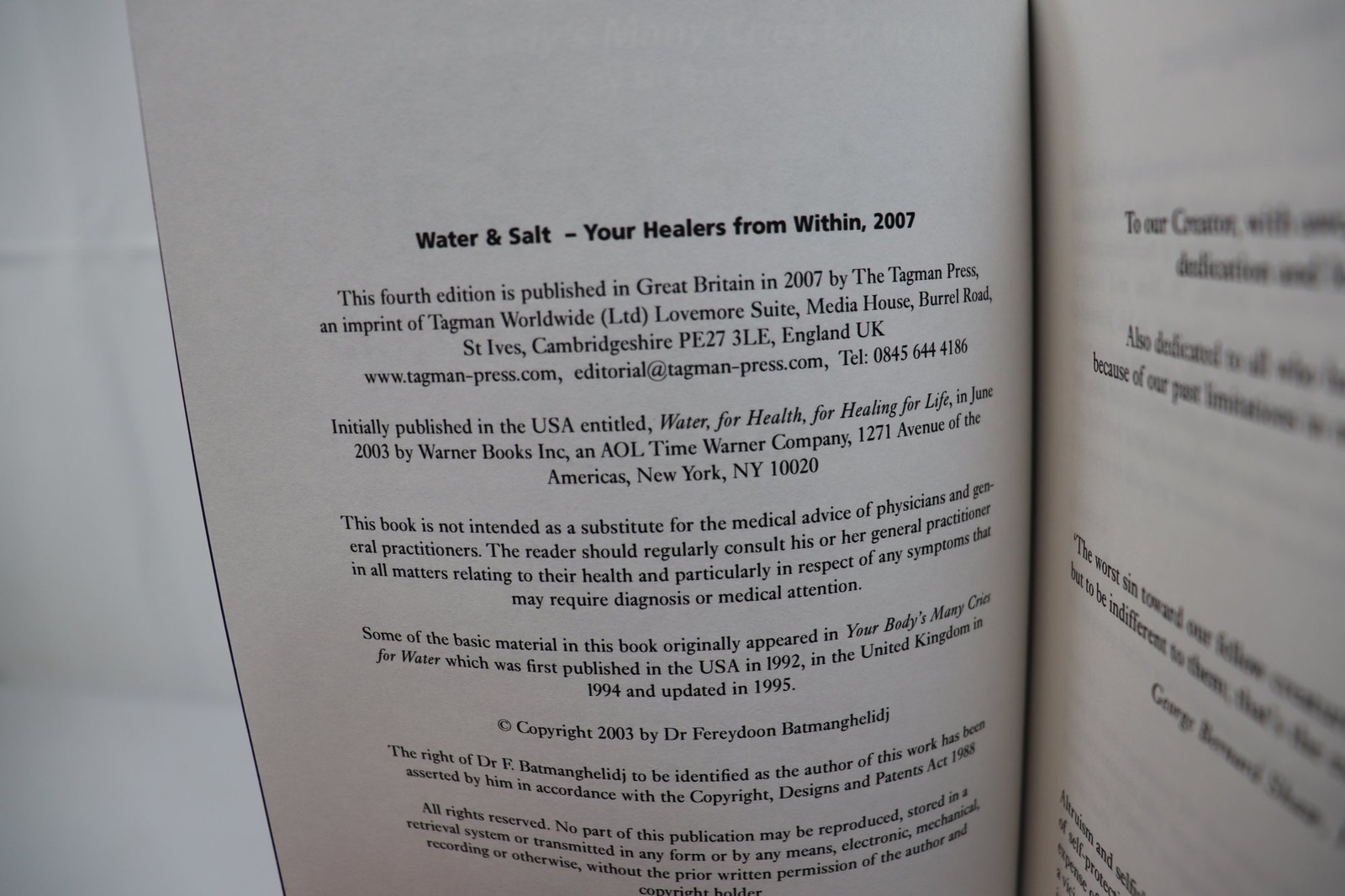 Water & Salt Your Healers From Within By Dr F Batmanghelidj Fourth Edition