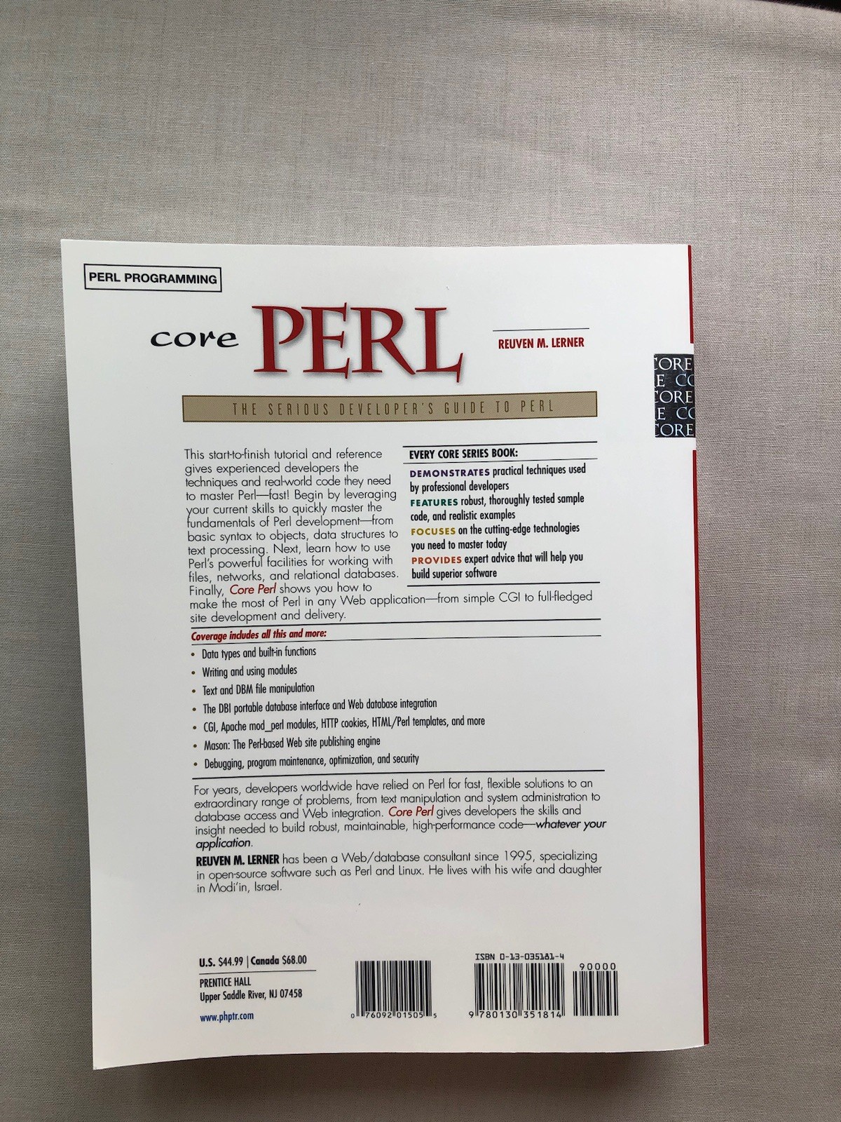 Prentice Hall Ptr Core Ser.: Core Perl by Reuven M. Lerner (2001, Trade…