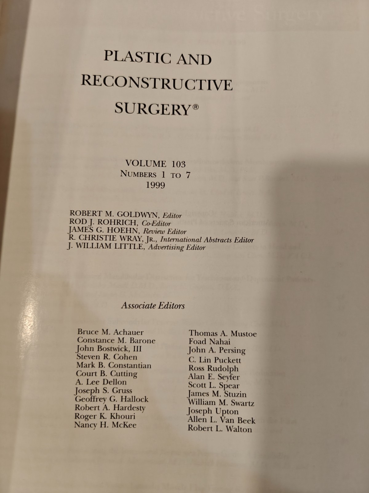 Plastic and Reconstructive Surgery Vol 103 1999 Medical Journal 2-Book Hardcover