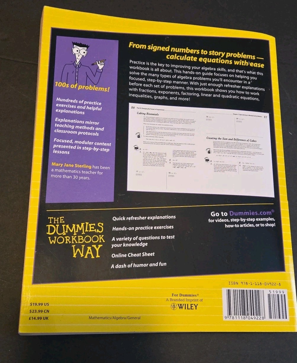 Algebra I for Dummies + Workbook by Sterling & Cliffs Quick Reference Book Lot