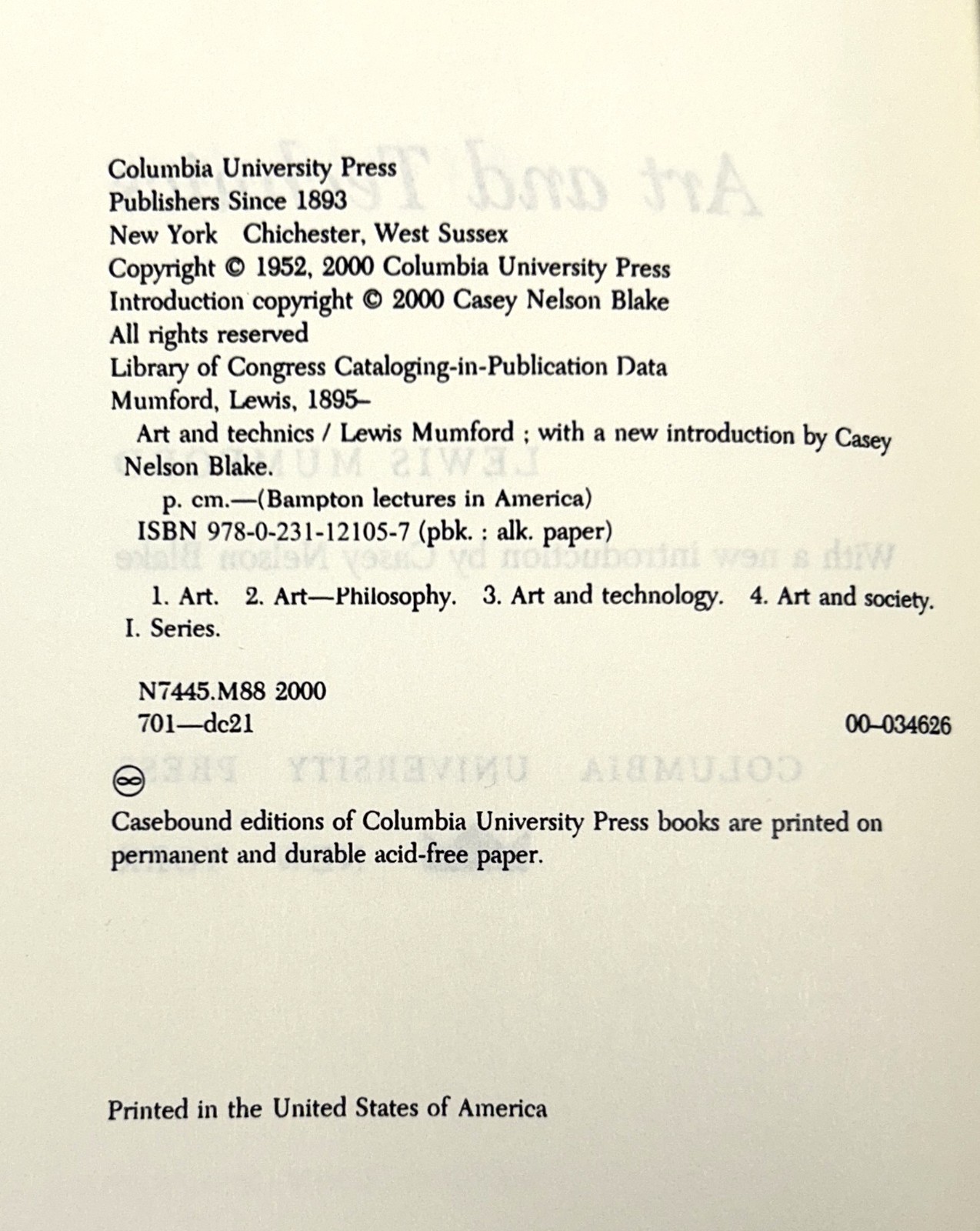 Art and Techniques by Lewis Mumford 2000 Columbia University Press Softcover