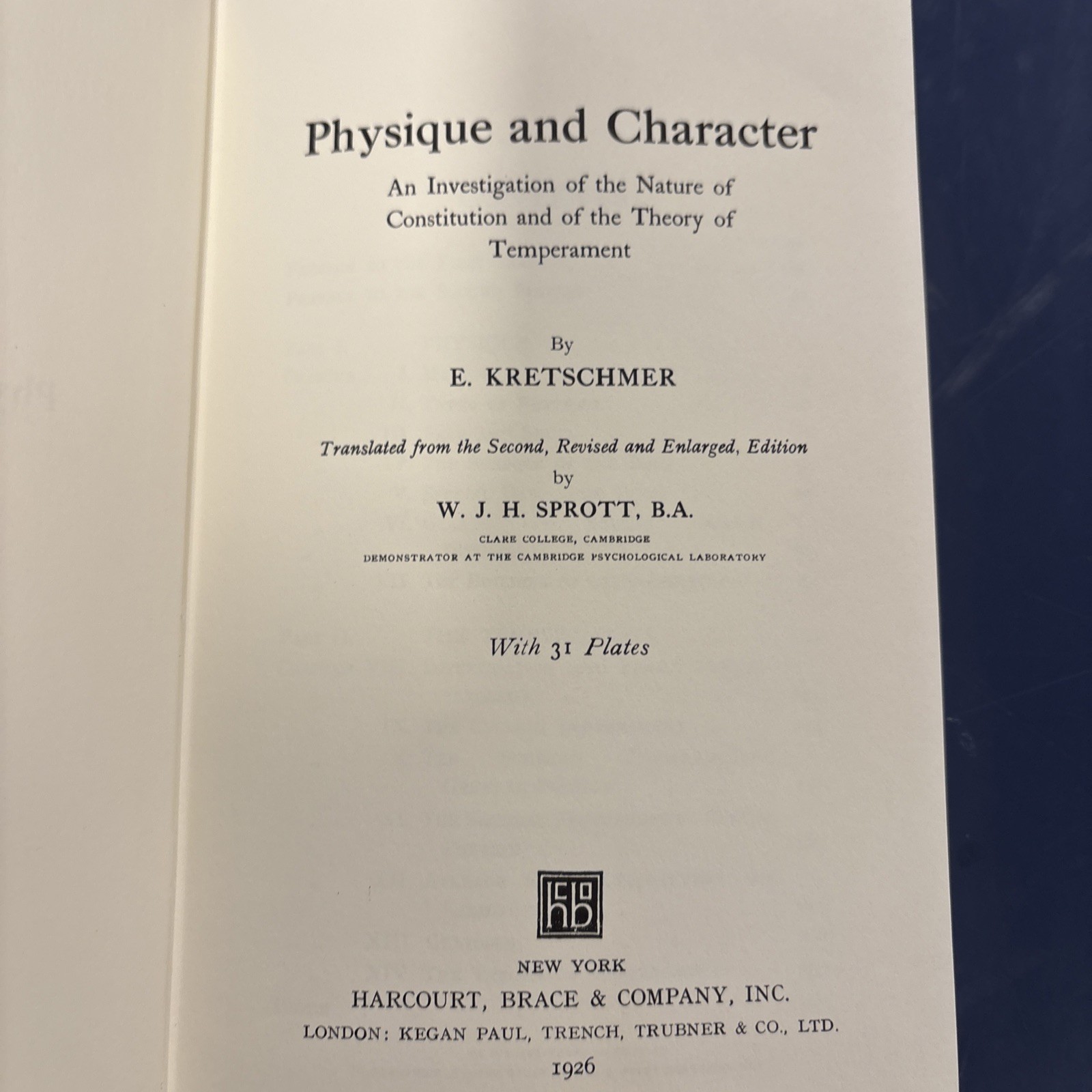 Physique and Character by E. Kretschmer, Special Edition #275, 1990