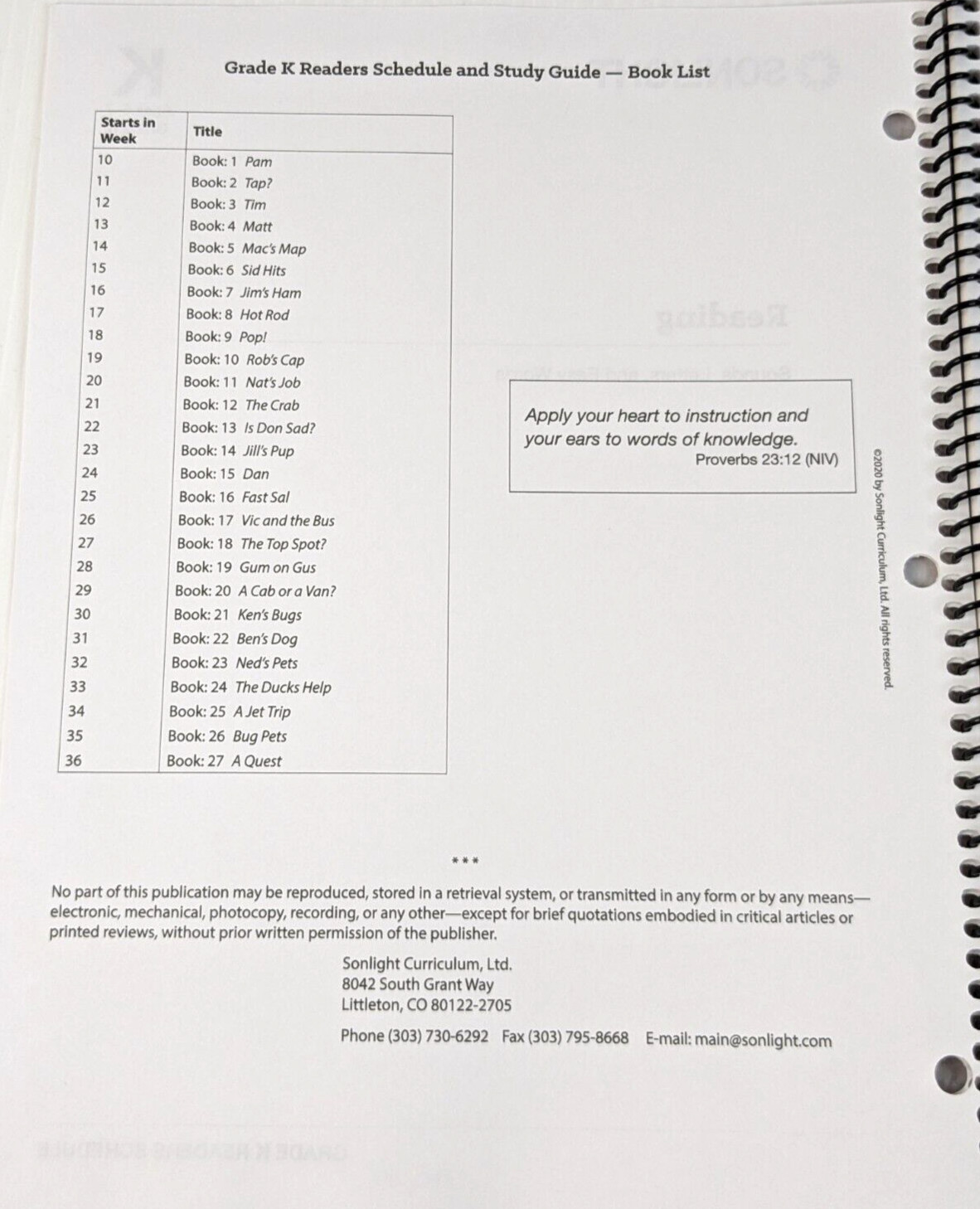 Sonlight K Readers Guide ONLY Schedule 1st 2nd 3rd Grade Homeschool Readers