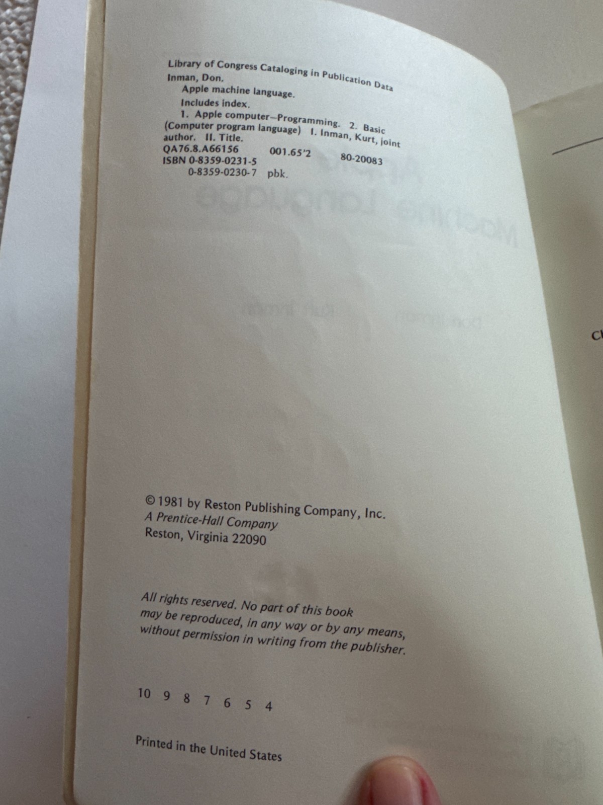 FREE SHIP! 1981 Apple Machine Language Inman Prentice Hall VINTAGE COMPUTING