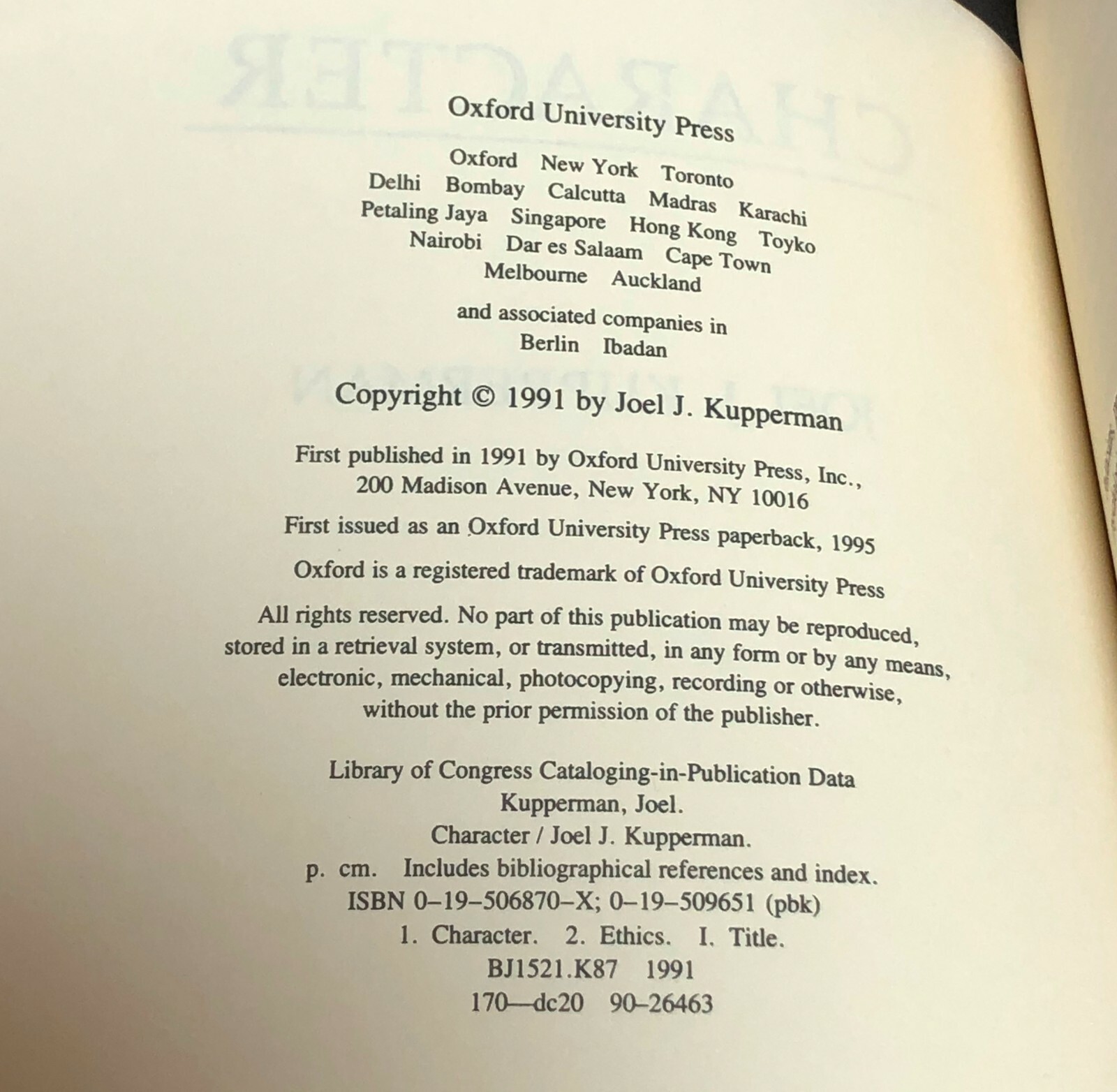 Character by Joel J. Kupperman 1995 Trade Paperback College University Textbook