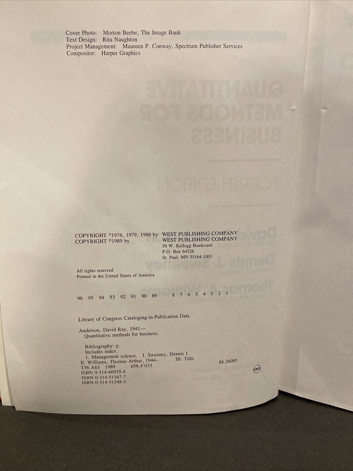 Quantitative Methods for Business Textbook 4th Ed 1989 David R Anderson