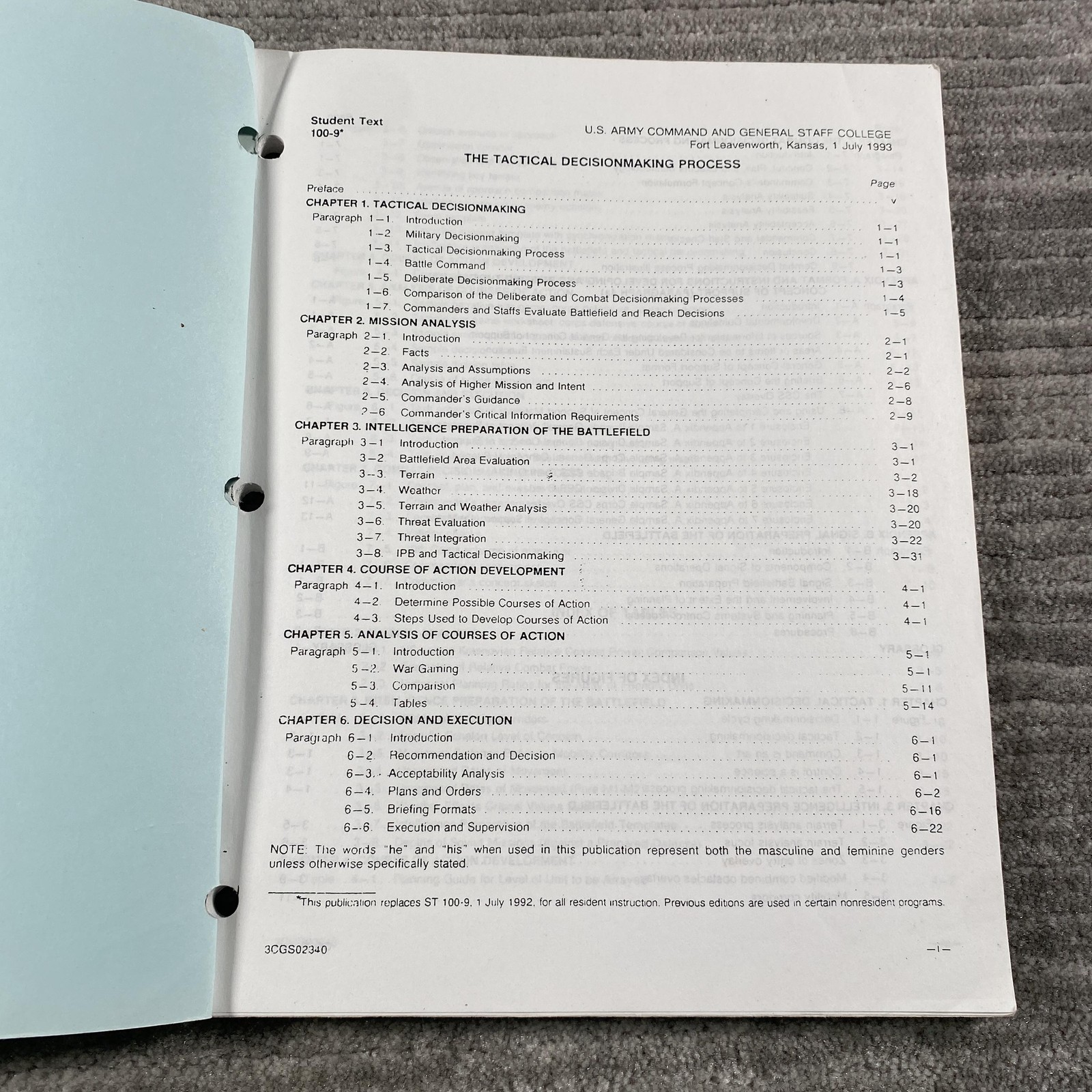 Vintage 1993 The Tactical Decisionmaking Process Student Text 100-9 US Army CGSC