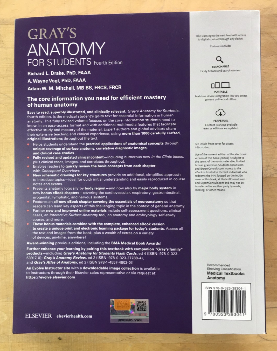Gray’s Anatomy for Students 4th Edition by Drake, Vogl, and Mitchell – PB, Good