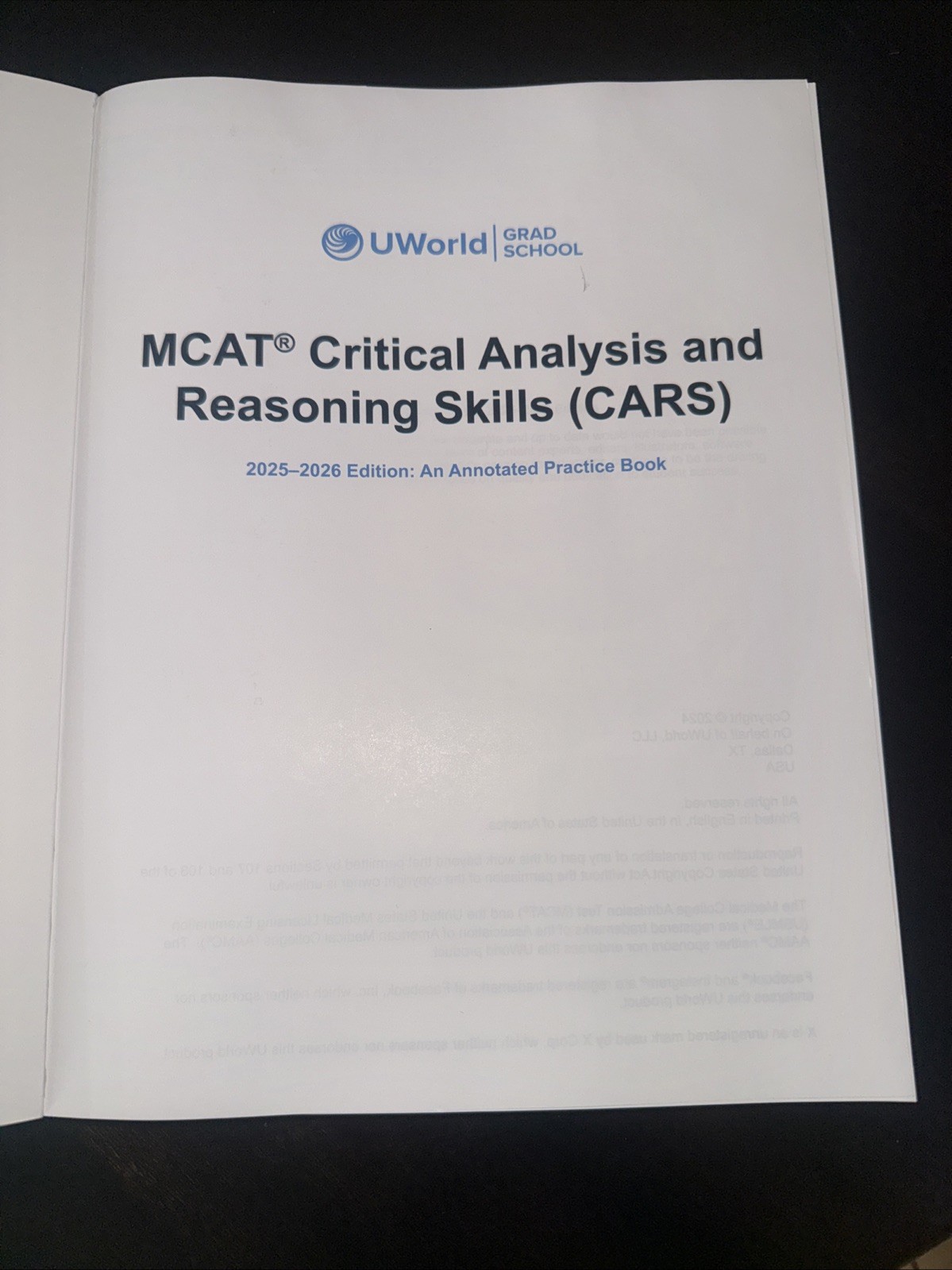UWorld MCAT Prep Book CARS Critical Analysis & Reasoning Skills 2025-2026