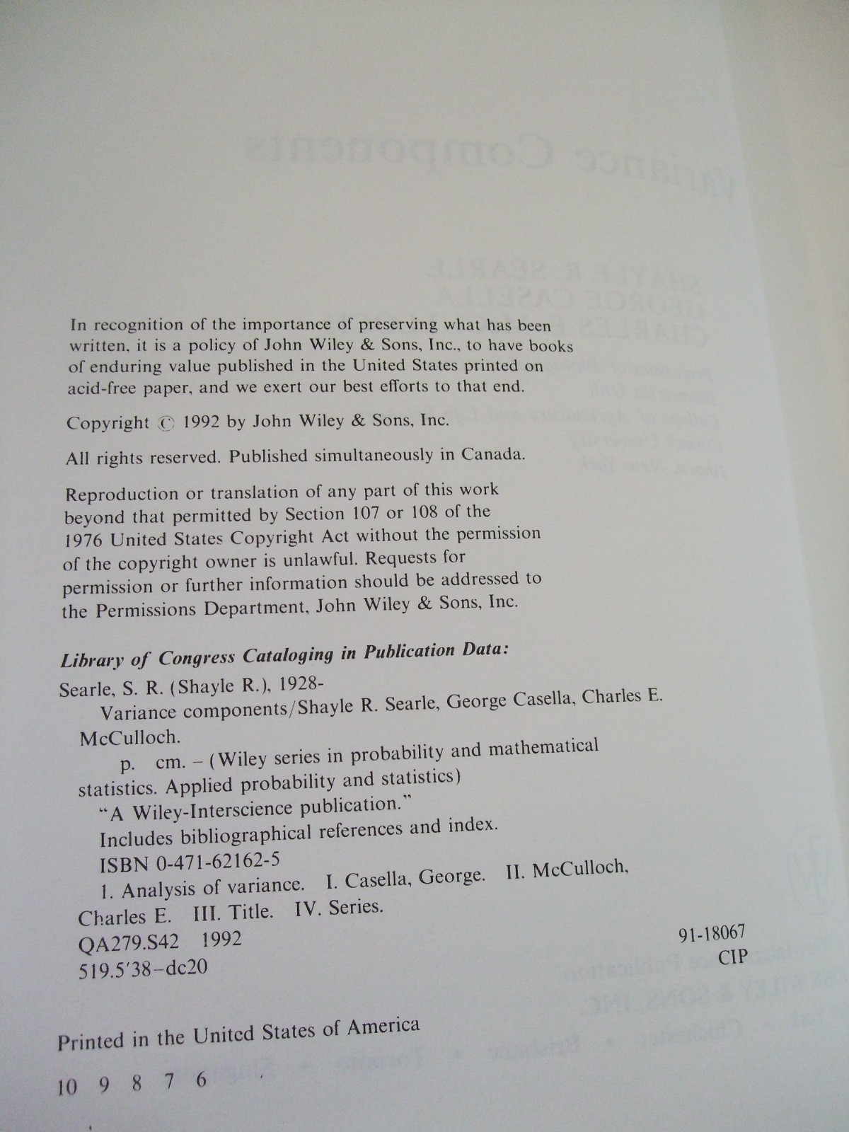 Variance Components John Wiley & Sons 1992 Probability & Mathematical Statistics