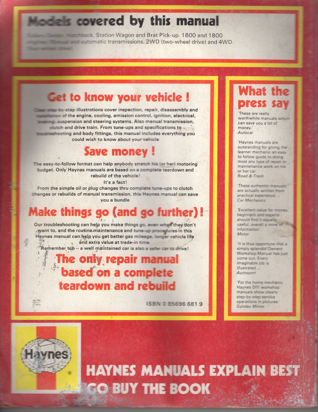 Subaru Owners Workshop Manual: 1600 & 1800 1980 thru 1983 All Models MN313