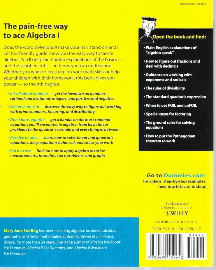 Algebra 1 and Workbook1 for Dummies 2nd Editions by Mary Jane Sterling MINT