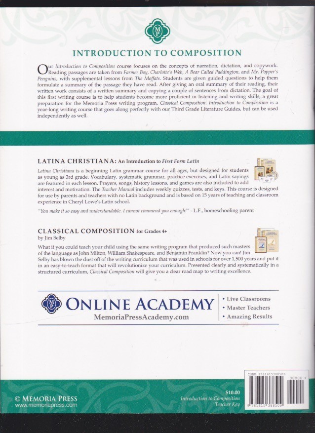 Introduction to Composition Teacher Key 3d Ed. Staple Bound Memoria Press VG
