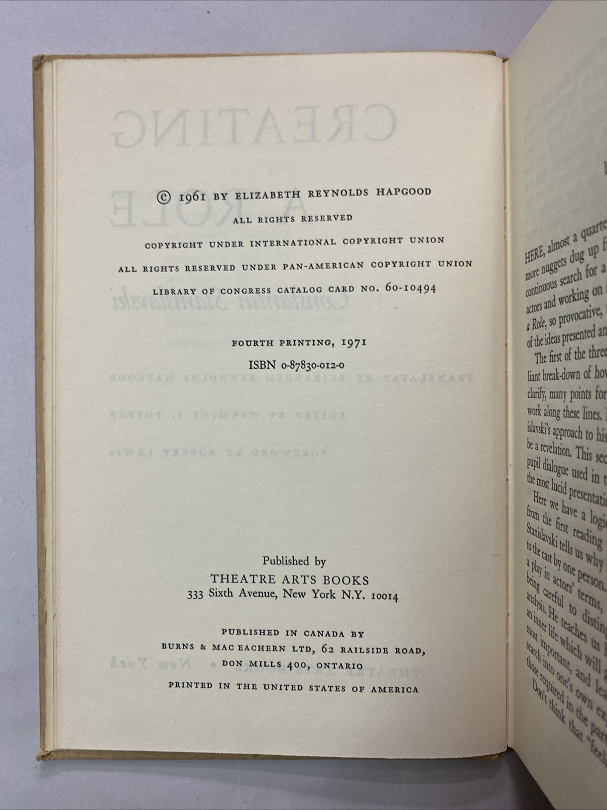 Creating A Role by Constantin Stanislavski (1987, Hardcover)