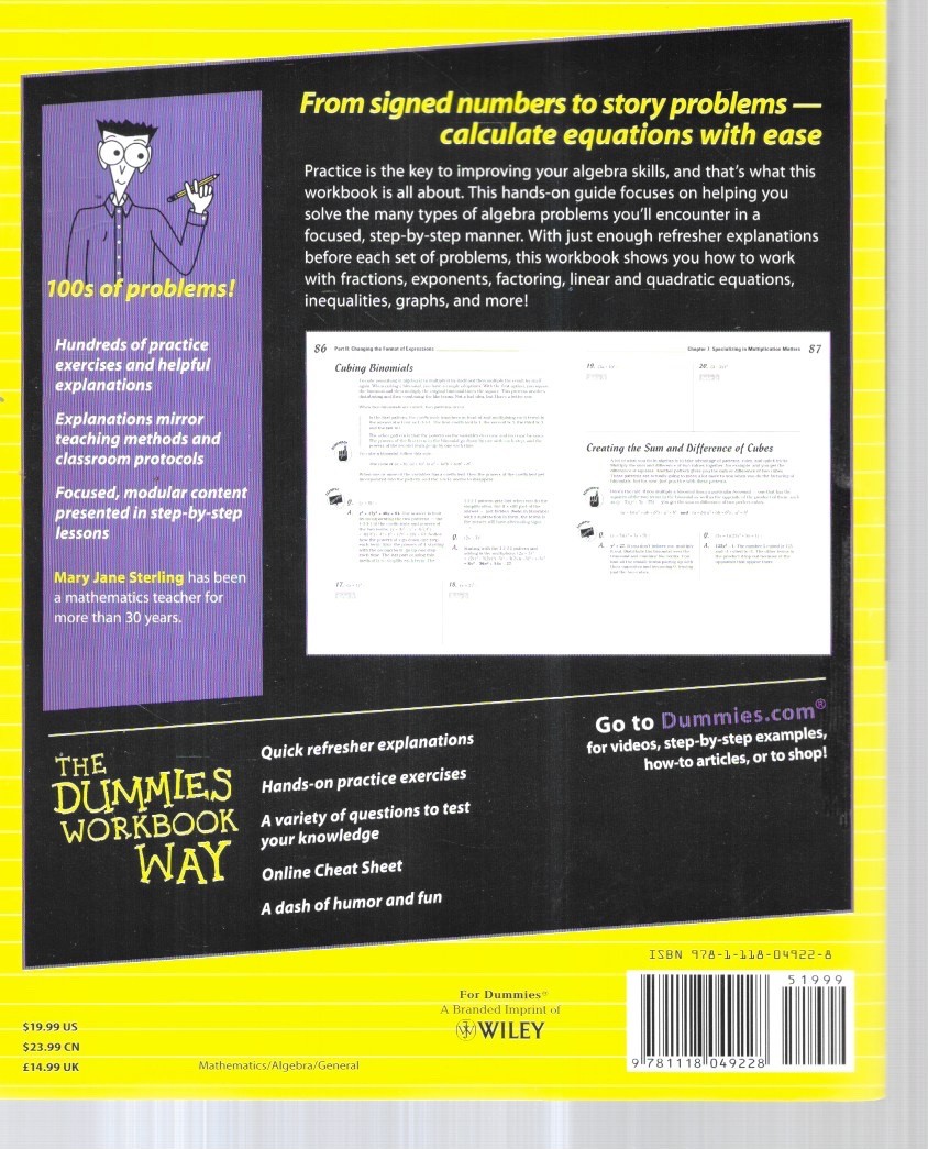 Algebra 1 and Workbook1 for Dummies 2nd Editions by Mary Jane Sterling MINT