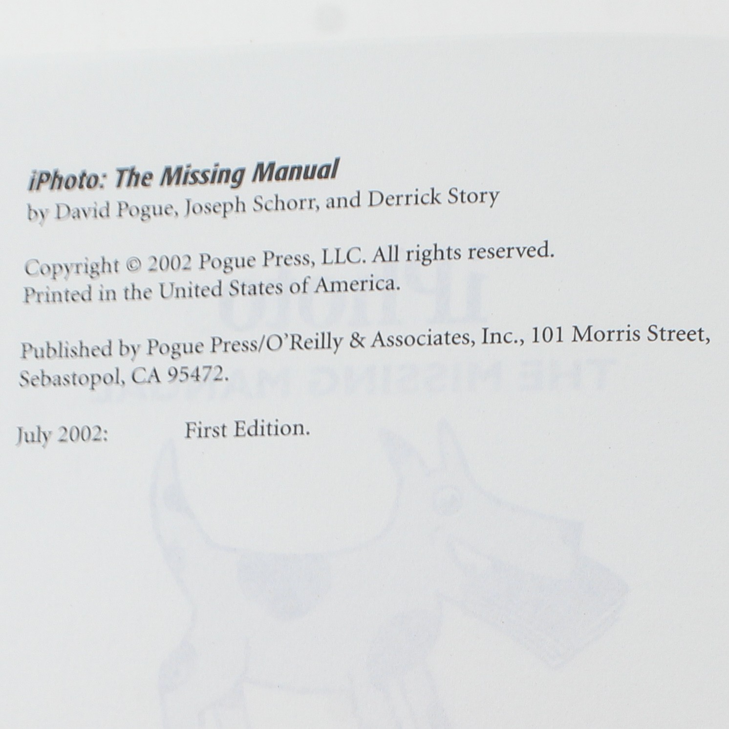iPhoto: The Missing Manual by Pogue, Schorr & Story – 2002 O’Reilly Paperback