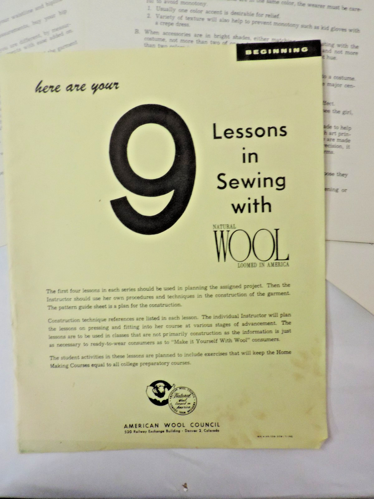 Original 9 1961 Pamphlets Lot/Set: 9 Lessons in Sewing with Wool Complete Set
