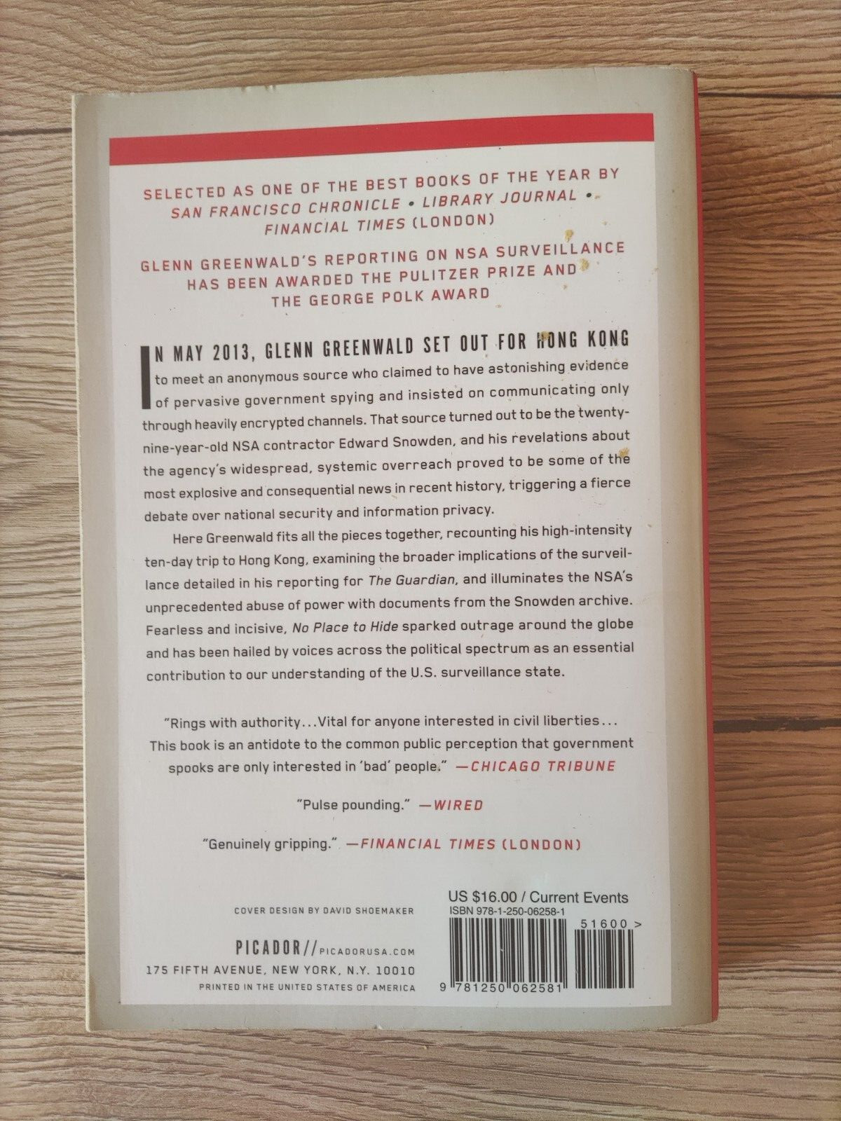 Glenn Greenwald ~ No Place to Hide ~ 9781250062581 – Picador 2015