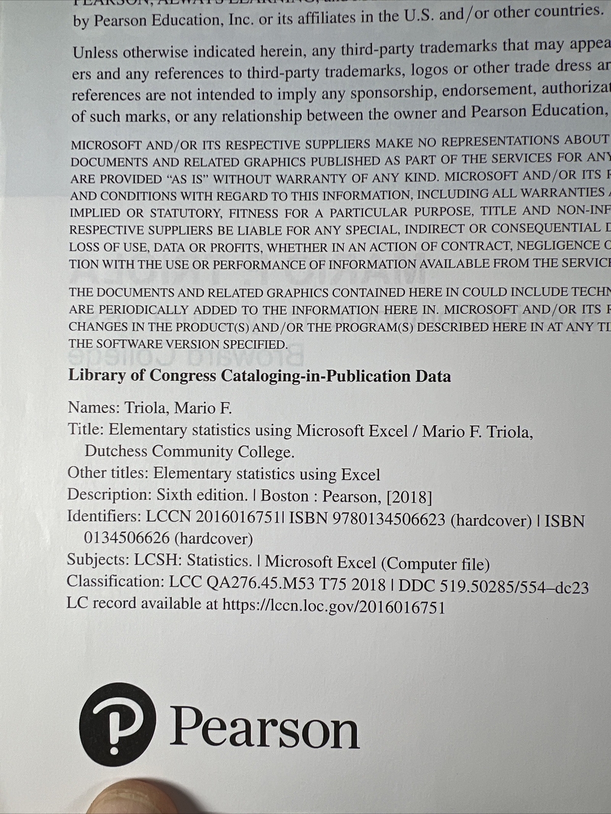 Elementary Statistics Using Excel, 6TH EDITION, by Mario Triola (2018 Hardcover)