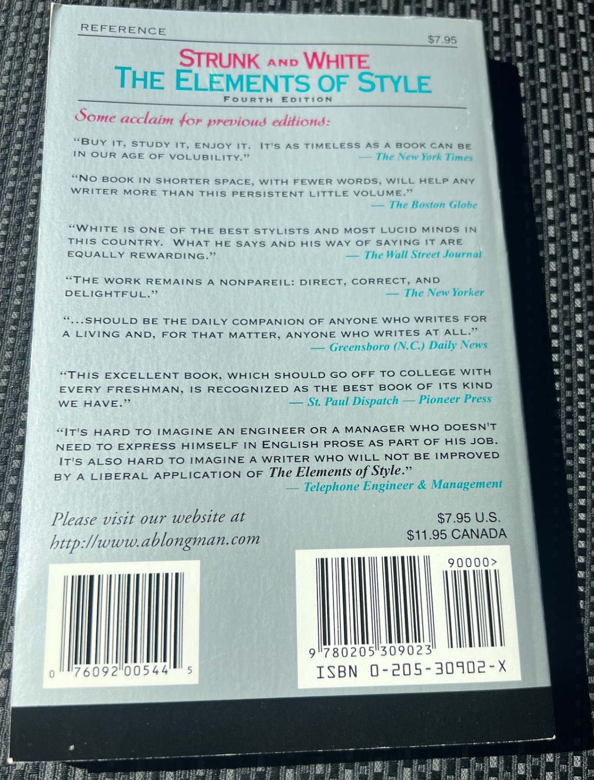 The Elements of Style Book. Fourth Edit. By William Strunk Jr. Excellent book
