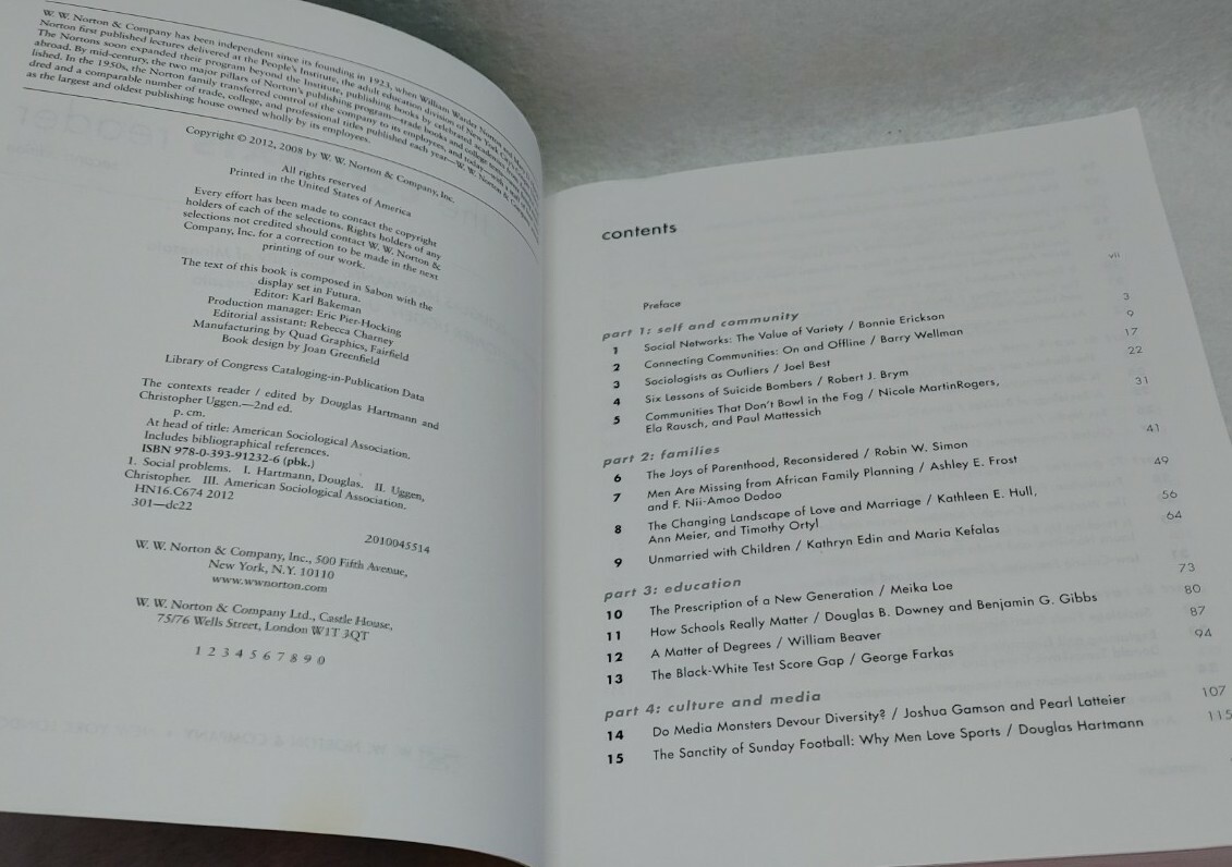 The Contexts Reader Book American Sociological Association 550 pages Norton Pub.