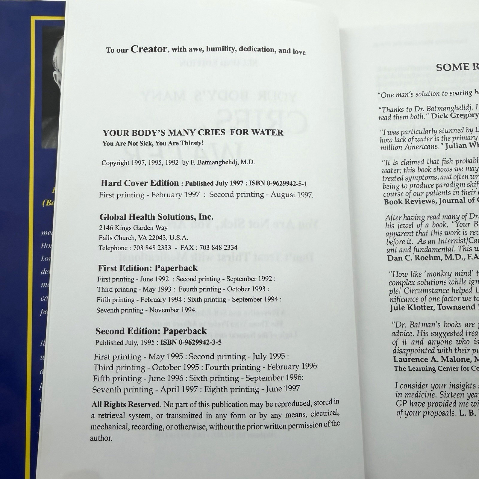 YOUR BODY’S MANY CRIES FOR WATER F. Batmanghelidj HCDJ 1997 Second Edition