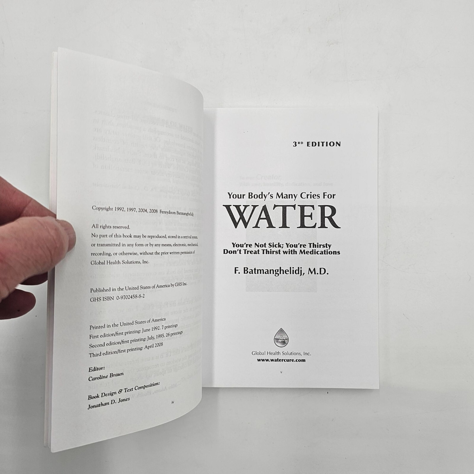 Your Bodys Many Cries For Water F. Batmanghelidj M.D. 3rd Edition Paperback NEW