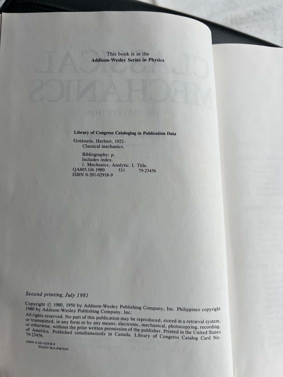 Classical Mechanics Herbert Goldstein Second Edition 1980 Hardcover