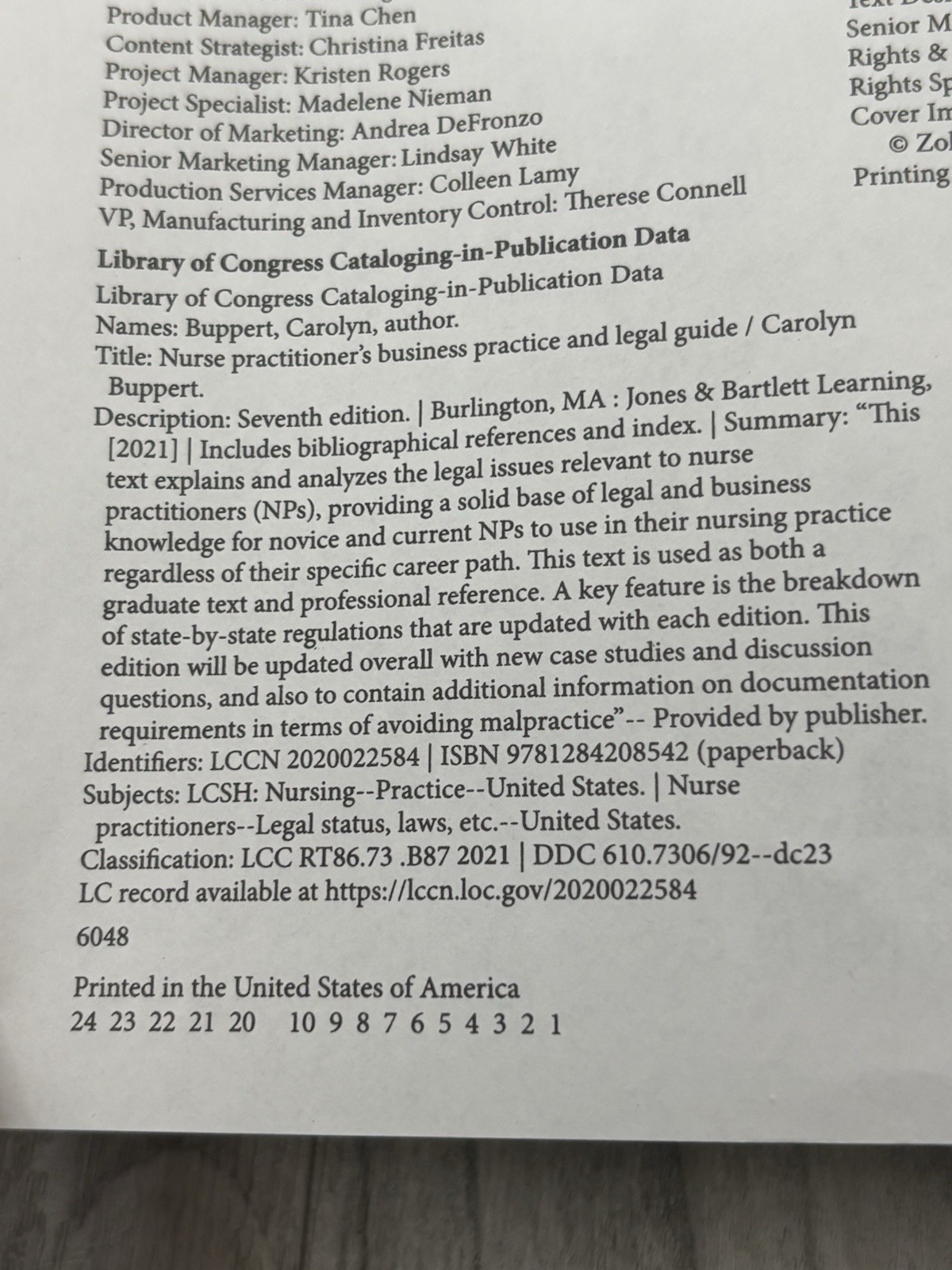 Nurse Practitioner’s Business Practice and Legal Guide by Carolyn Buppert 7th PB
