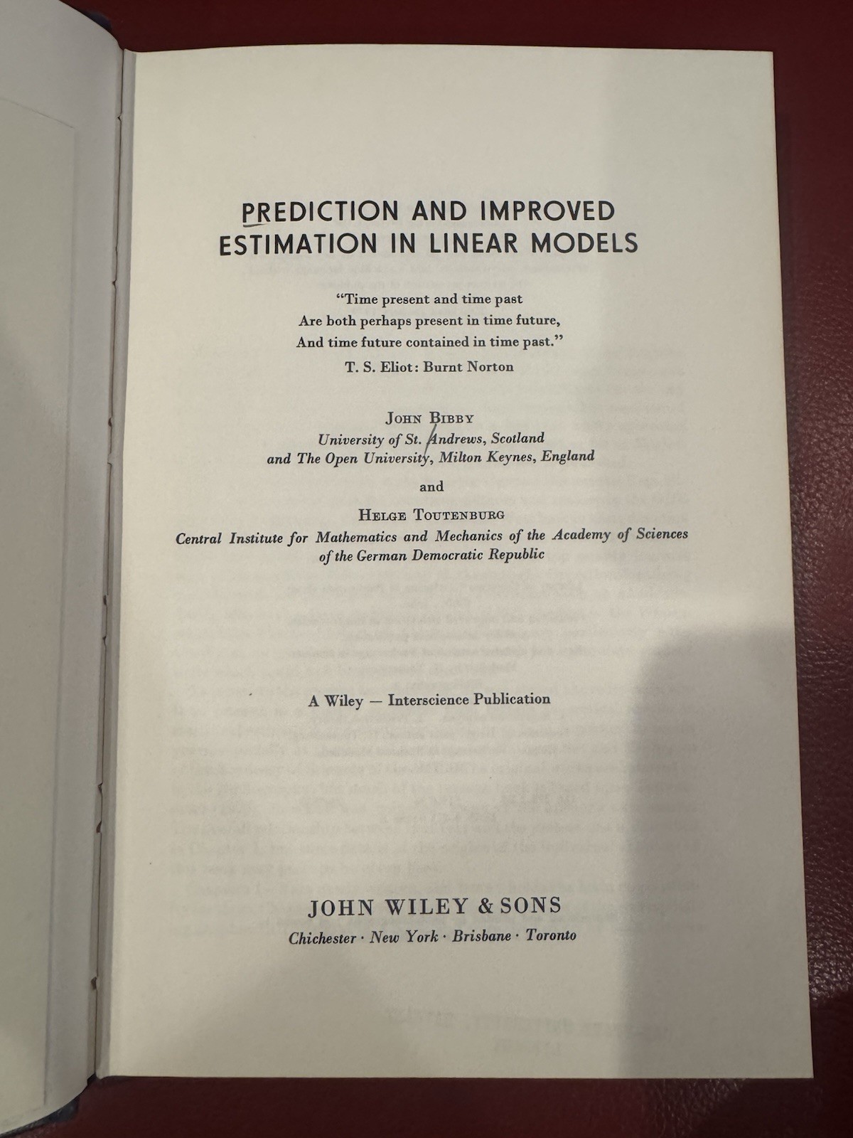 PREDICTION AND IMPROVED ESTIMATION IN LINEAR MODELS By John Bibby – Hardcover VG