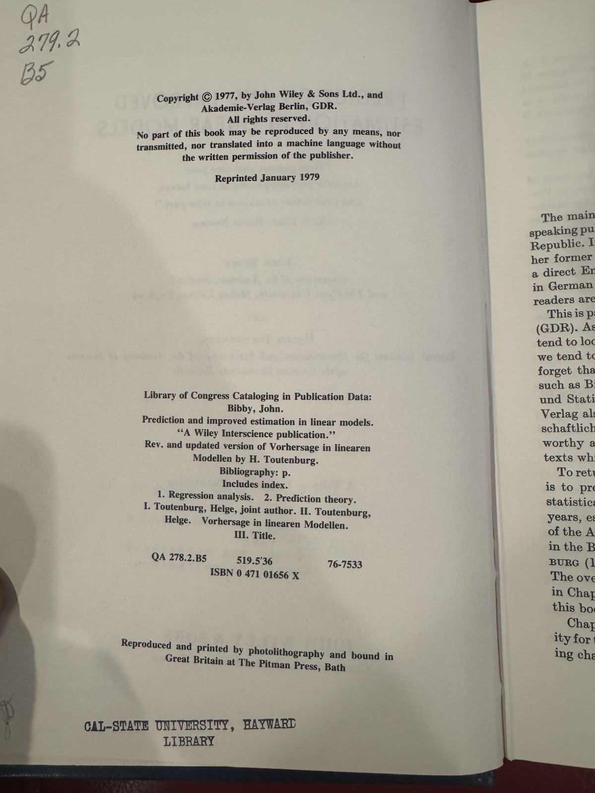 PREDICTION AND IMPROVED ESTIMATION IN LINEAR MODELS By John Bibby – Hardcover VG