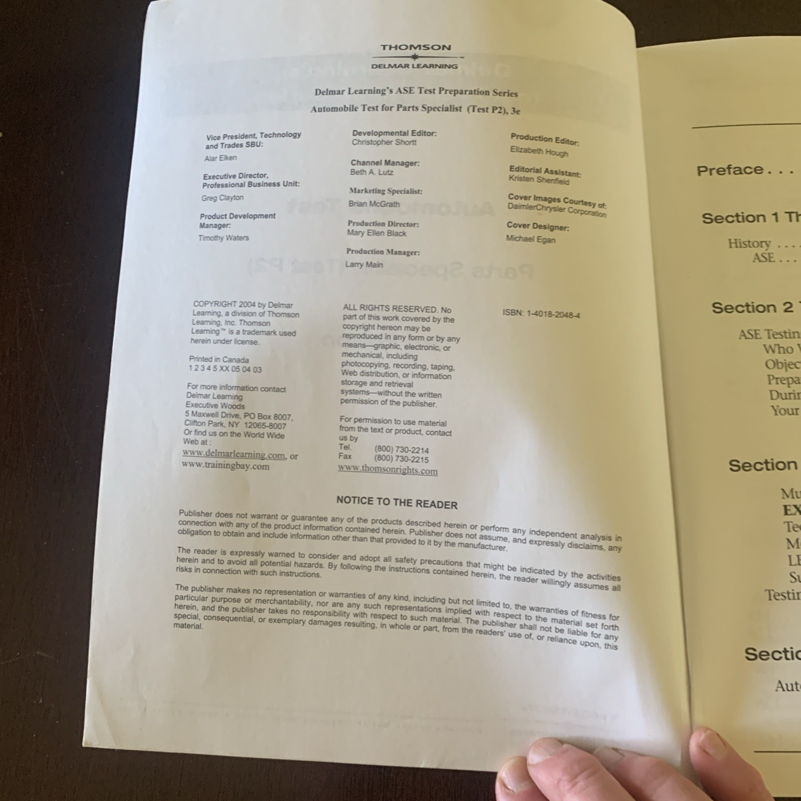 Test ASE Test Preparation P2 Parts 3rd Edition 2004 Questions Answered in ink.