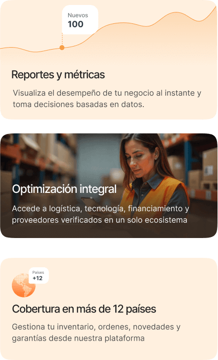 Tres tarjetas de beneficios: Reportes y métricas, Optimización integral y Cobertura en más de 12 países
